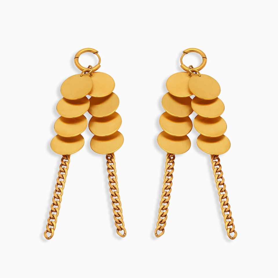High-polish gold disc tassel earrings with brushed finish – 18K plated stainless steel