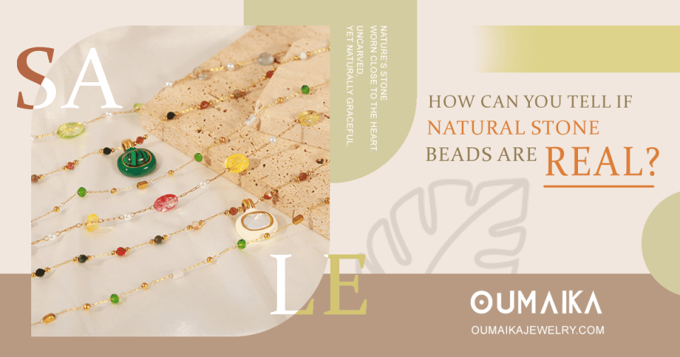 Infographic poster: How can you tell if natural stone beads are real? showing gemstone bead necklace stainless steel jewelry tips