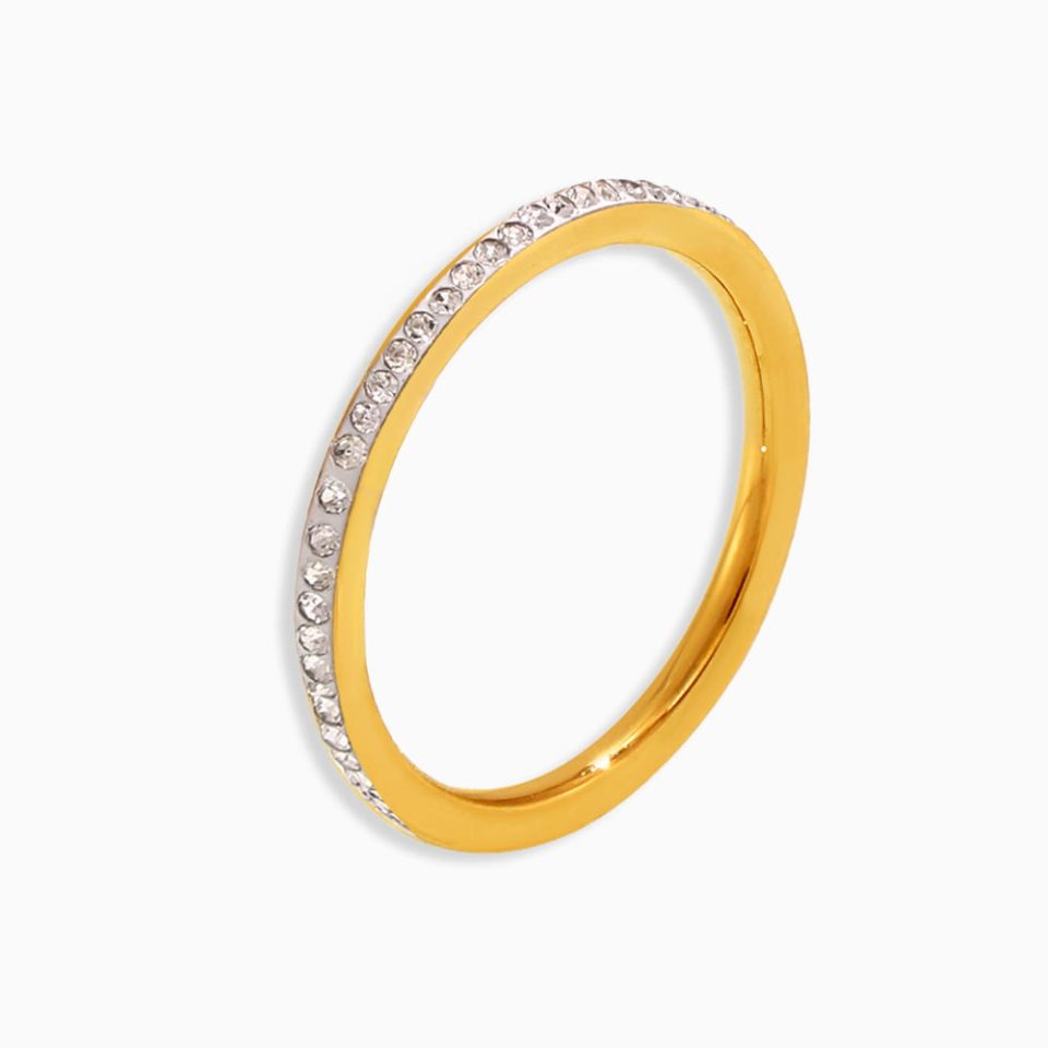 Minimalist gold cubic zirconia ring A818 shown on white background, ideal for stacking or wearing solo