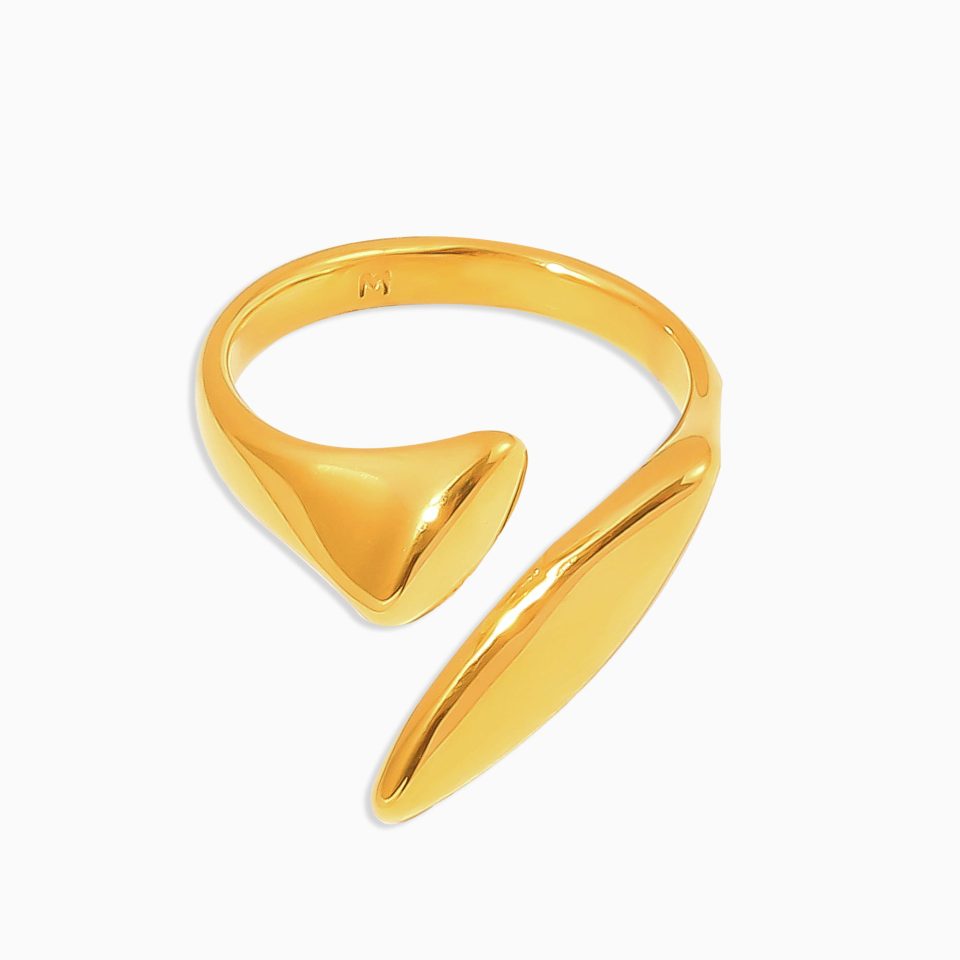 Minimalist gold open ring with fluid steel arc design on white background