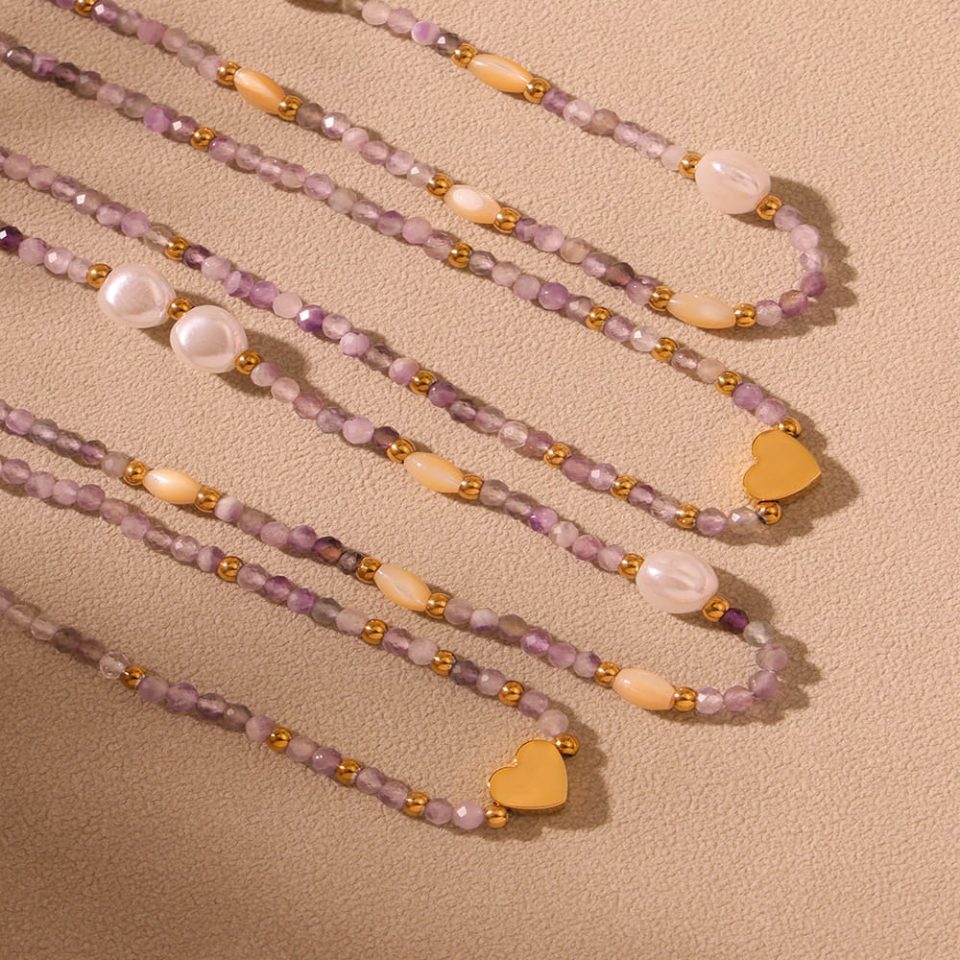 OumaiKa Petite Heart Pendant Necklace with Natural Stone Beads: Earthy & Pearl Style Flatlay