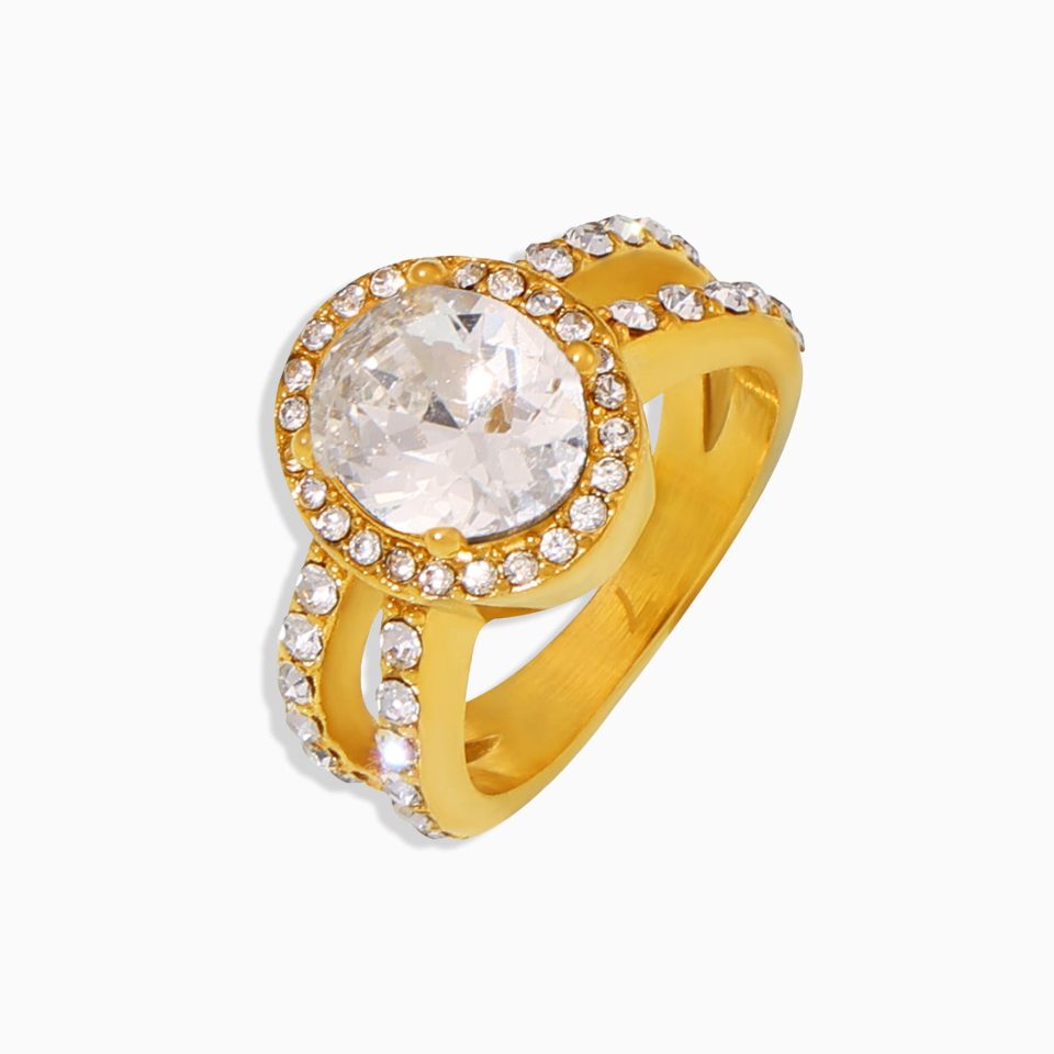 Oval CZ vintage gold ring on white background – minimalist stainless steel jewelry for women.