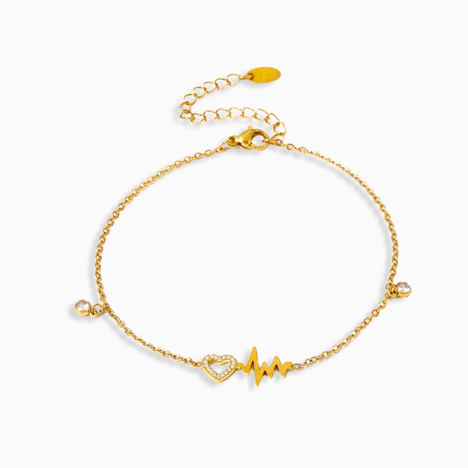 Gold EKG pulse anklet with cubic zirconia, waterproof permanent jewelry for women