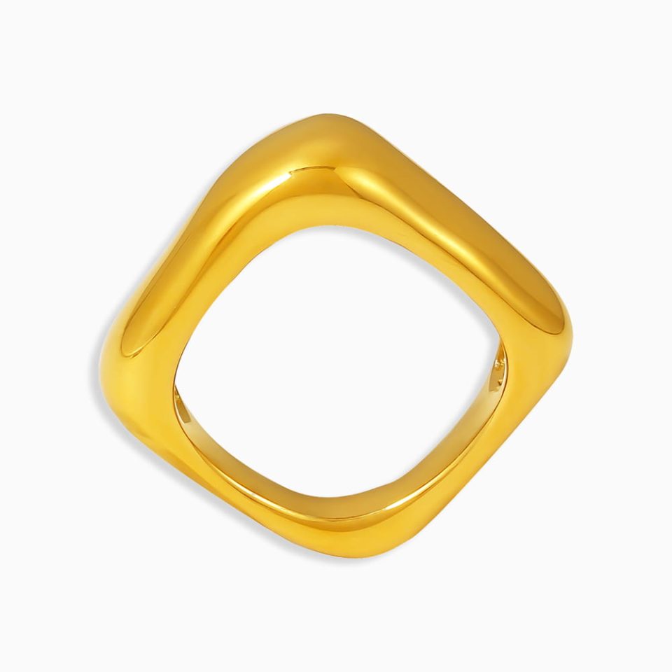Gold stainless steel square geometric statement ring isolated on white background, showcasing angular design and polished finish