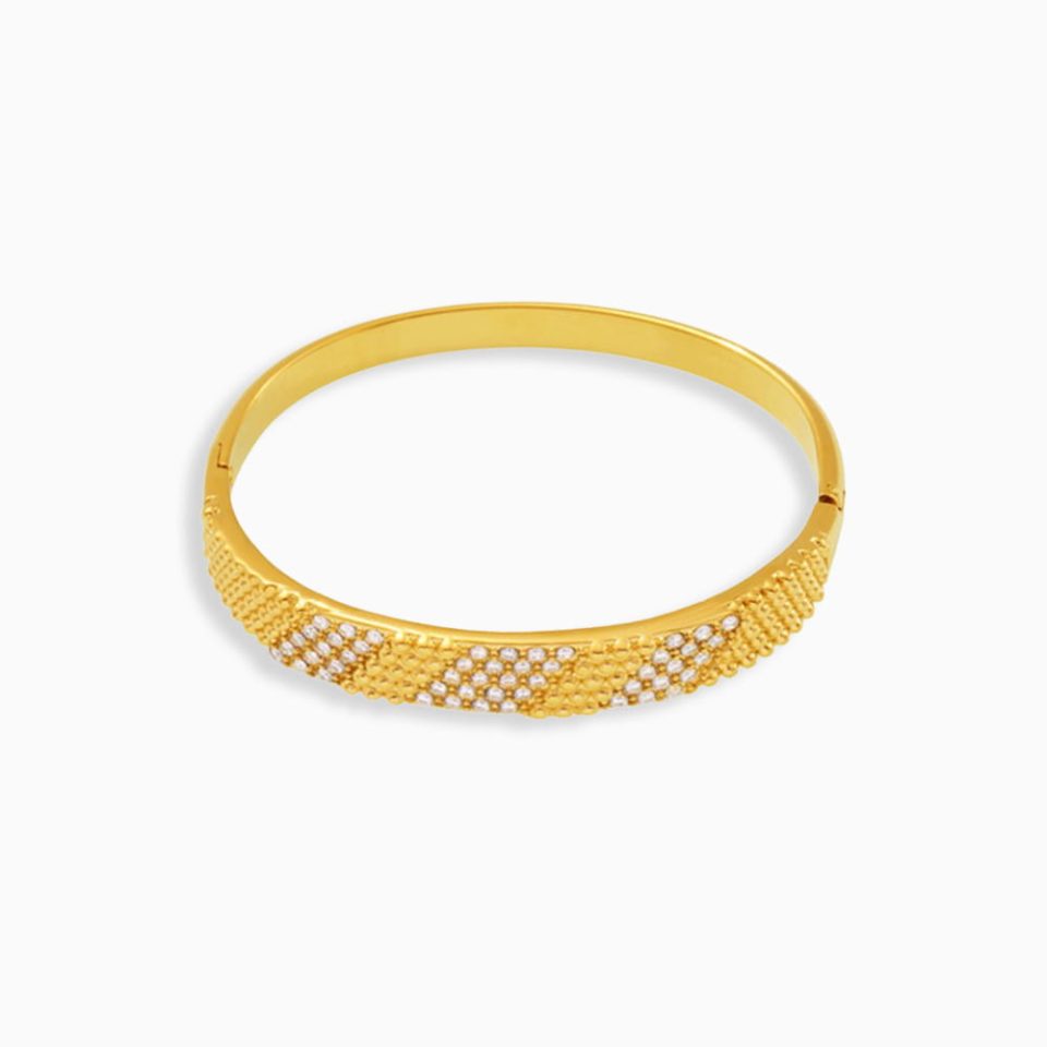 Stackable pink zirconia bangle in gold stainless steel, sparkling cuff bracelet for women