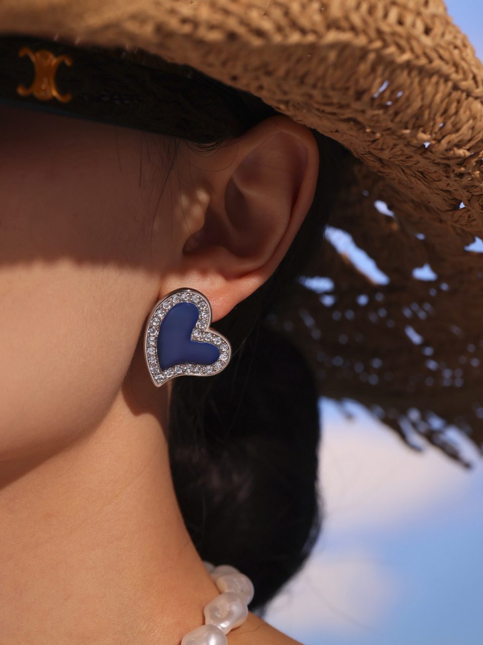 Close-Up of F1315 Steel Blue Heart Earrings on Model - Office to Weekend Transition