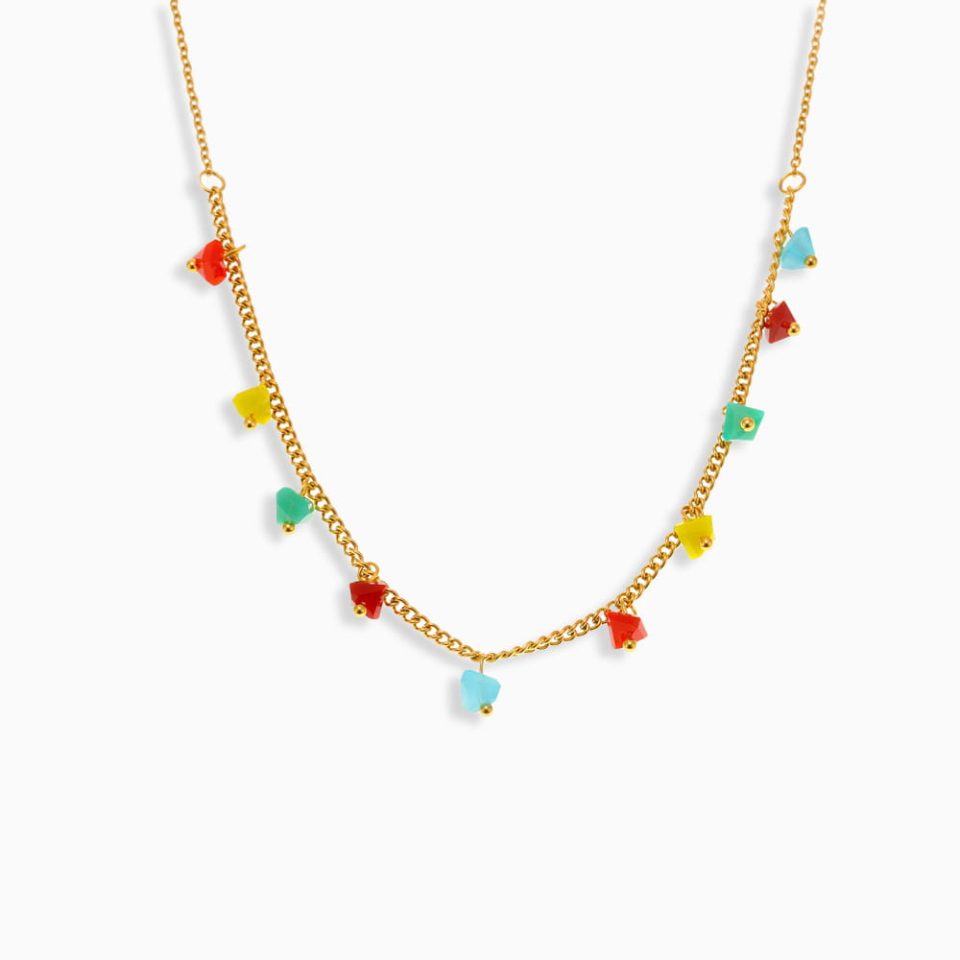 Boho faceted crystal choker necklace for women in gold stainless steel on white background