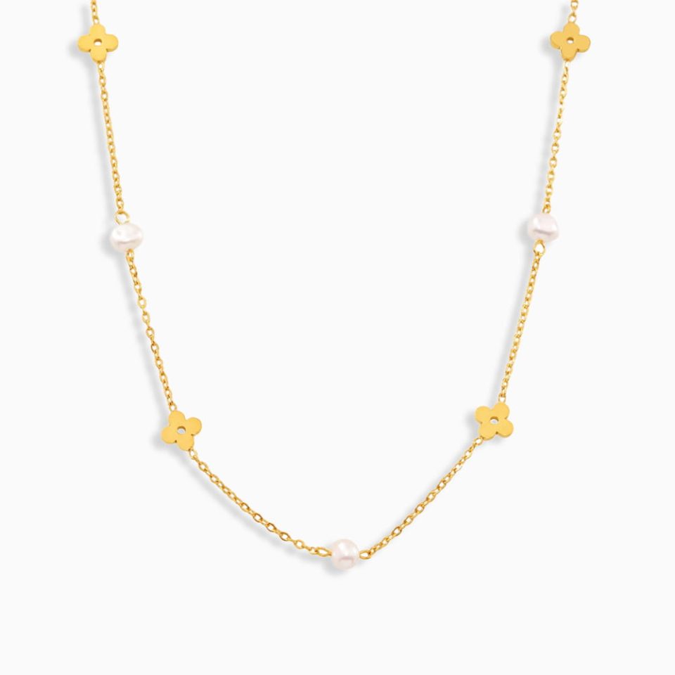 Women's pearl floral choker necklace with freshwater pearls and gold chain on white background