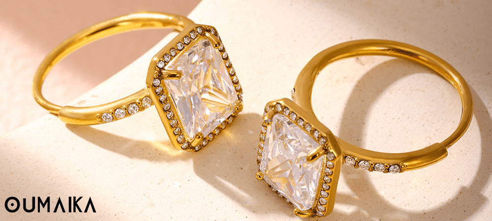5A CZ Ring on Warm Background – Styled Product Shot Warm tone scene with 5A CZ ring displayed on fabric – elegant product photography