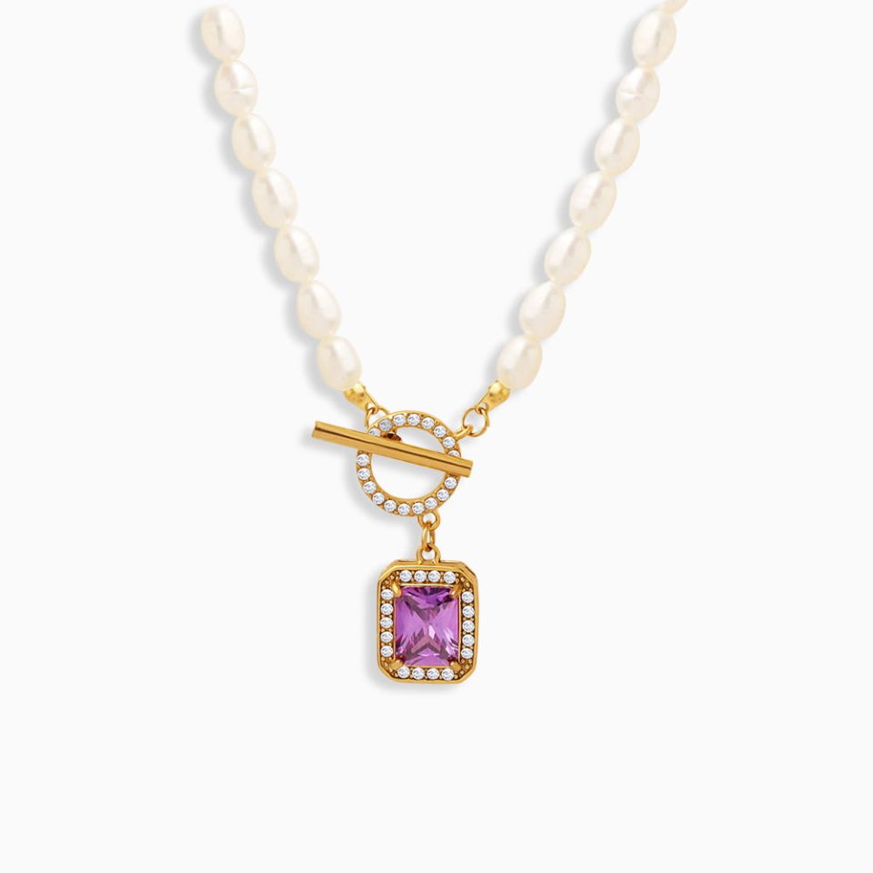 Baroque pearl choker necklace with purple cubic zirconia and OT clasp, 37cm