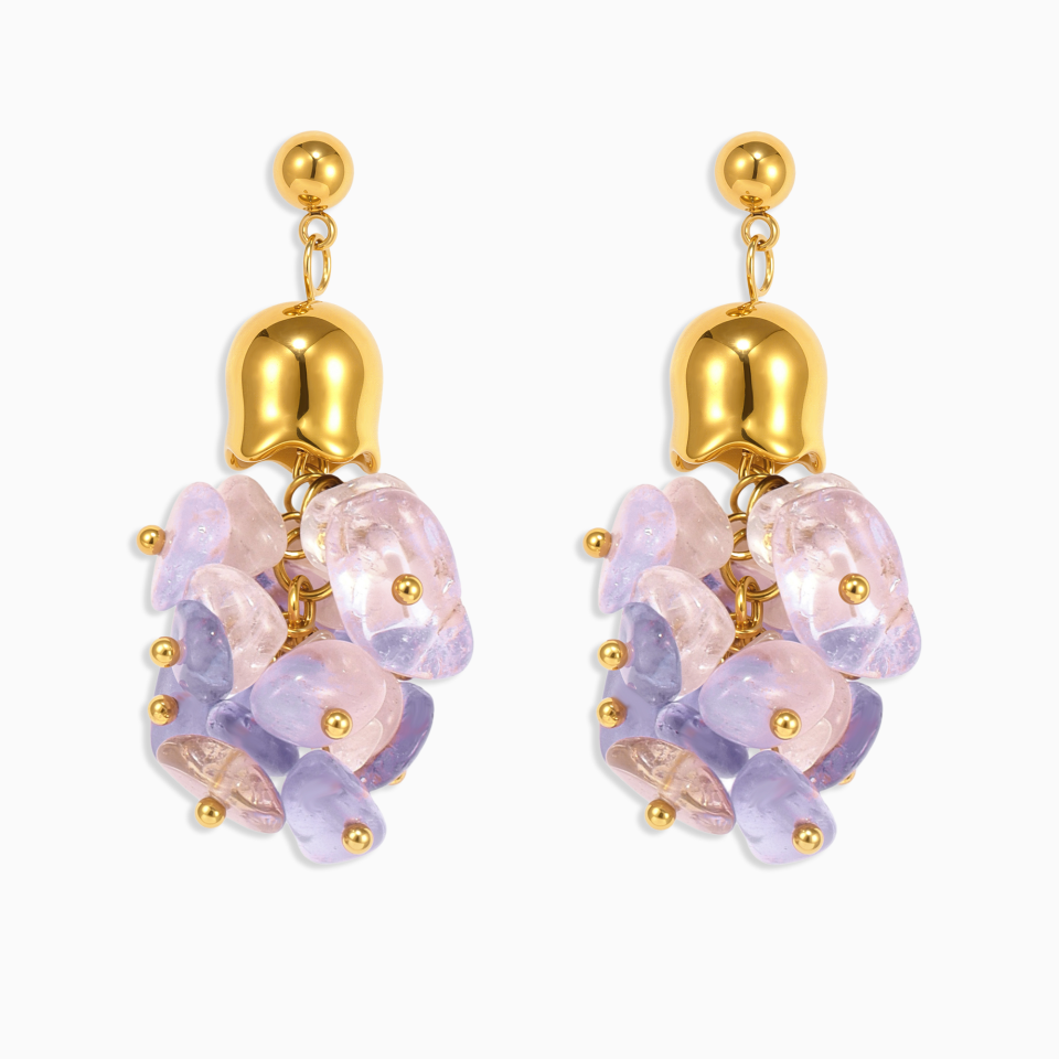 Purple Tassel Earrings with Natural Crystal on Stainless Steel Chain