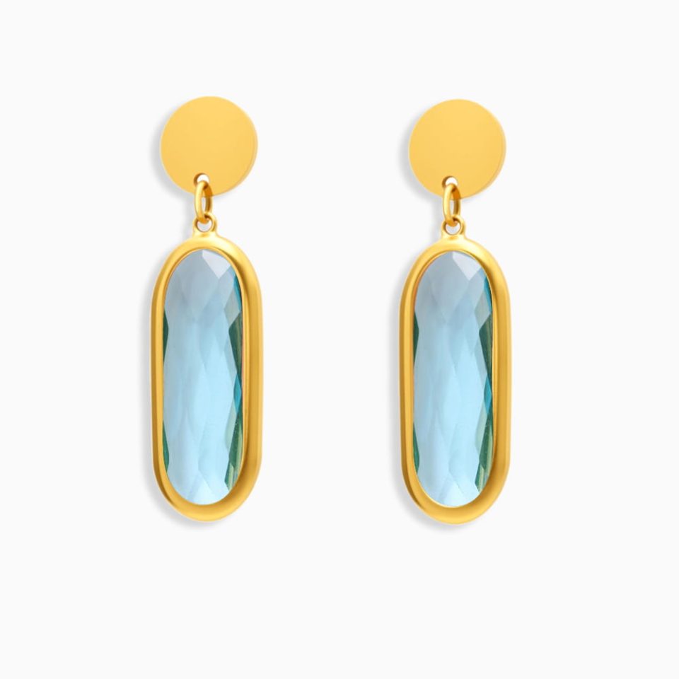 Gold Light Blue Glass Stone Earrings TXF272