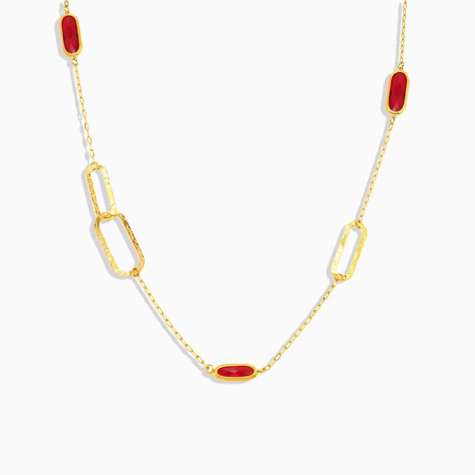 Faceted red sea glass necklace in gold, minimalist long chain style