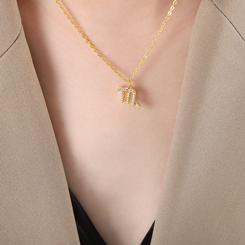Model Wearing Gold Scorpio Zodiac Necklace with Cubic Zirconia Pendant