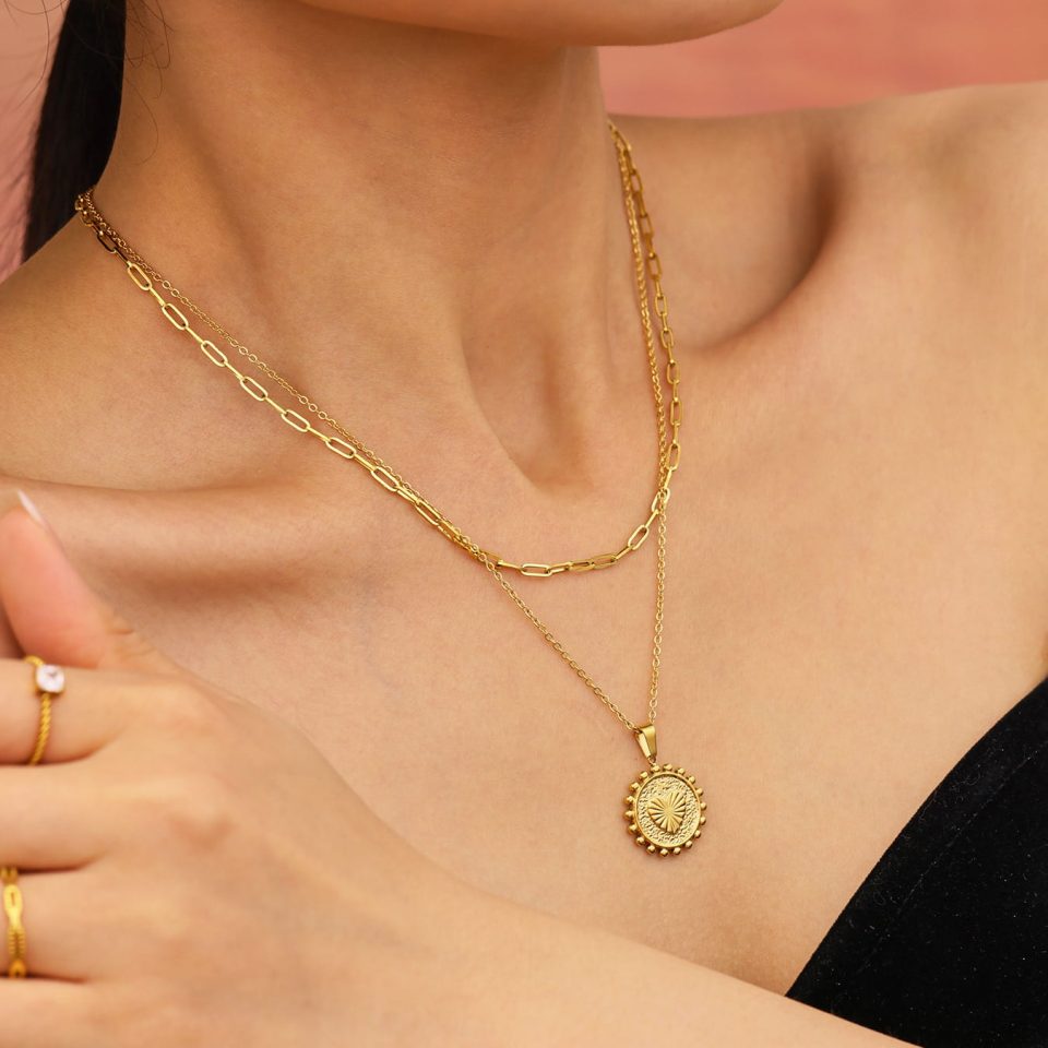 Model Wearing Sun and Moon Heart Sunflower Double Layer Necklace | Gold Stainless Steel
