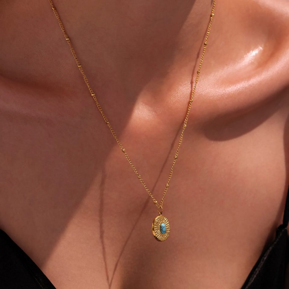 Model Wearing Turquoise Sun and Moon Necklace | Gold Stainless Steel