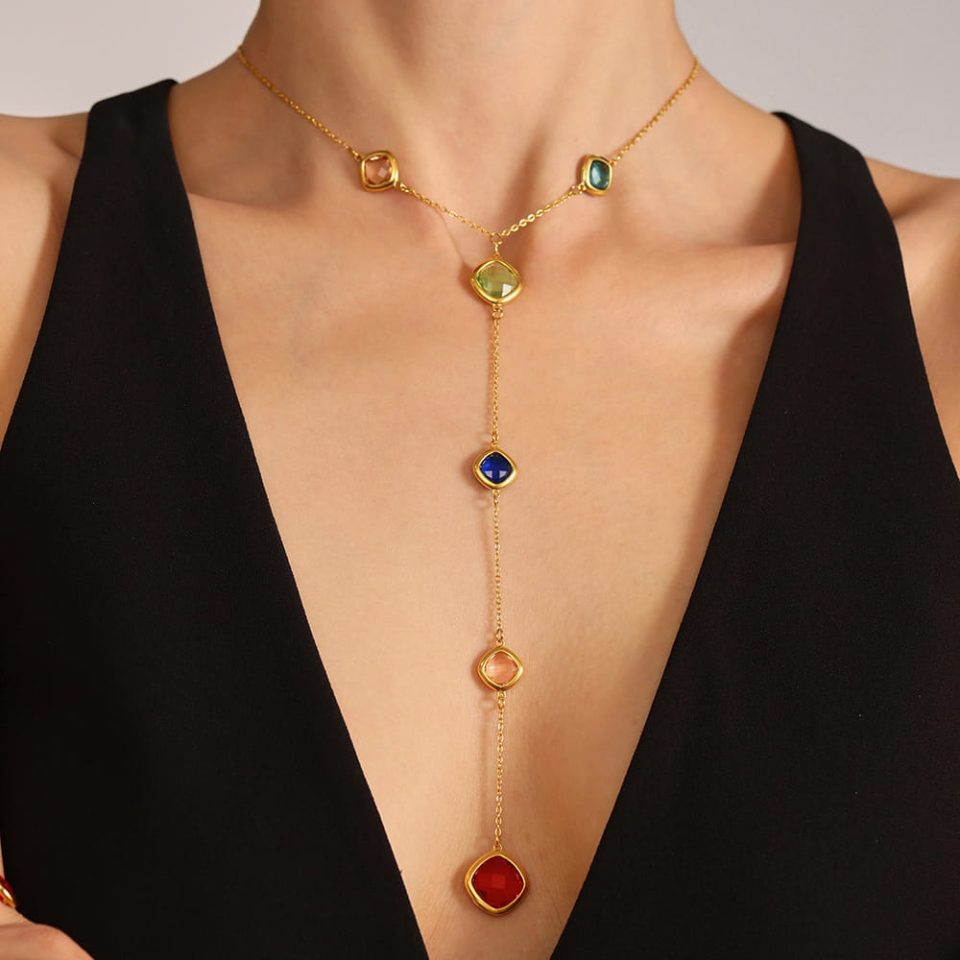 Model wearing multicolor tassel sea glass necklace front view