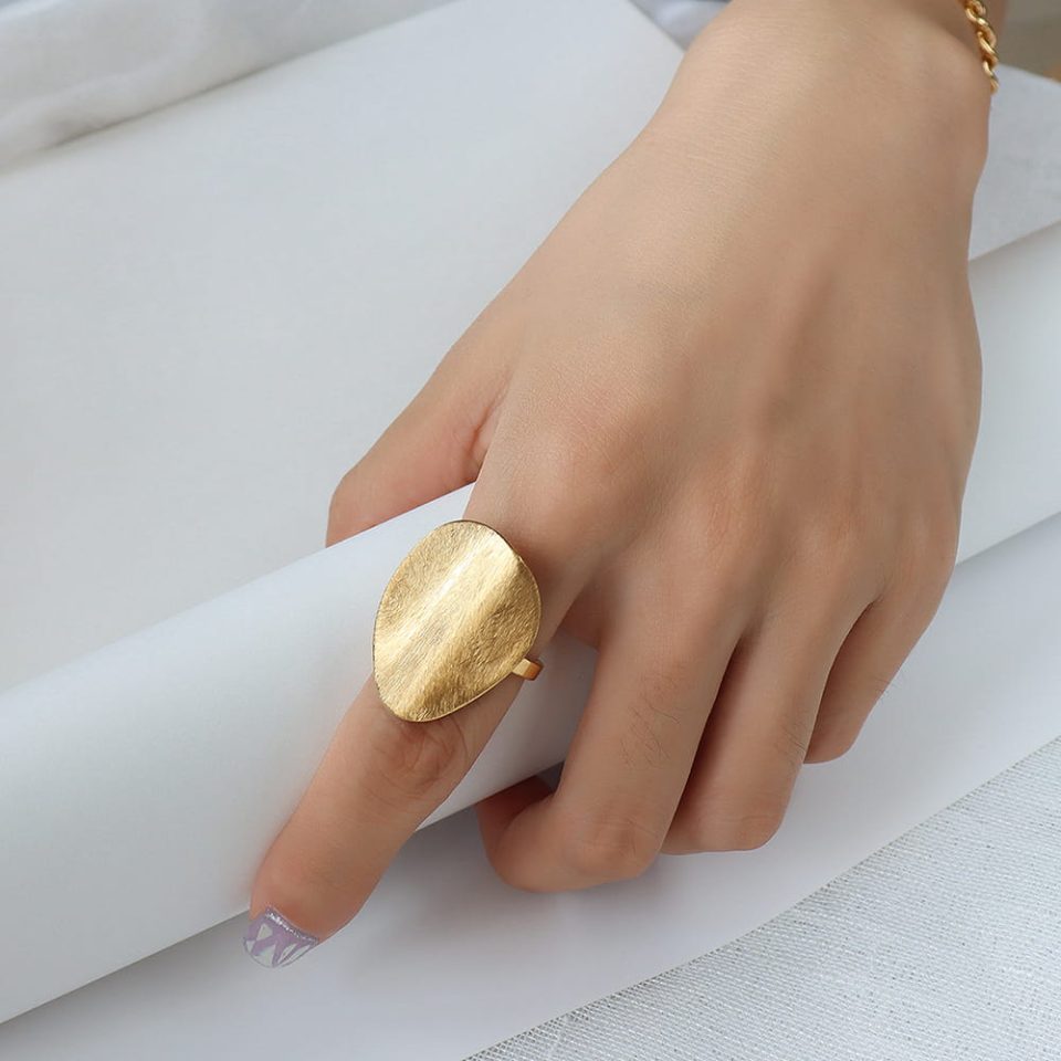 Model Stacking Marka Matte Open Ring in Gold – Bold Brushed Stainless Steel Jewelry