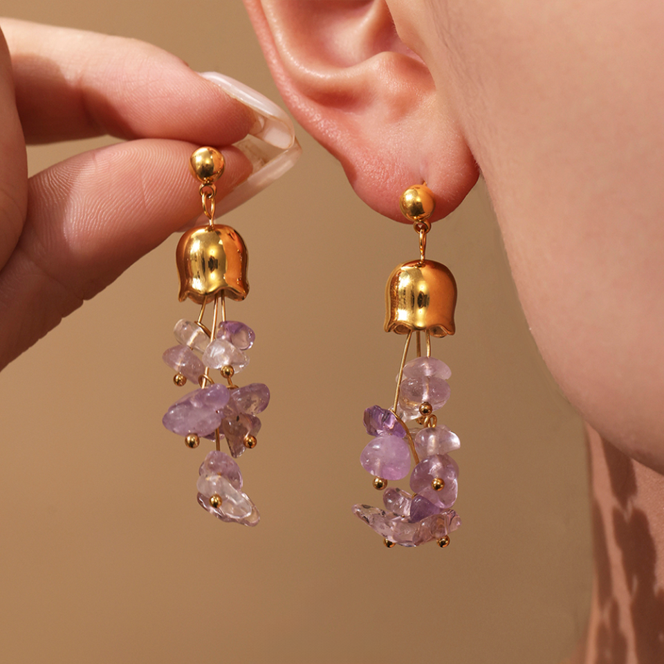 Model wearing purple natural stone tassel earrings F1423