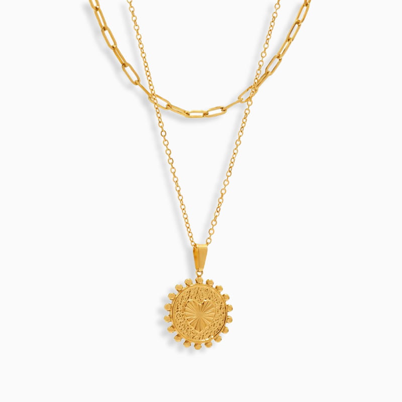 Sun and Moon Heart Sunflower Double Layer Necklace | Gold Stainless Steel | 40+5cm