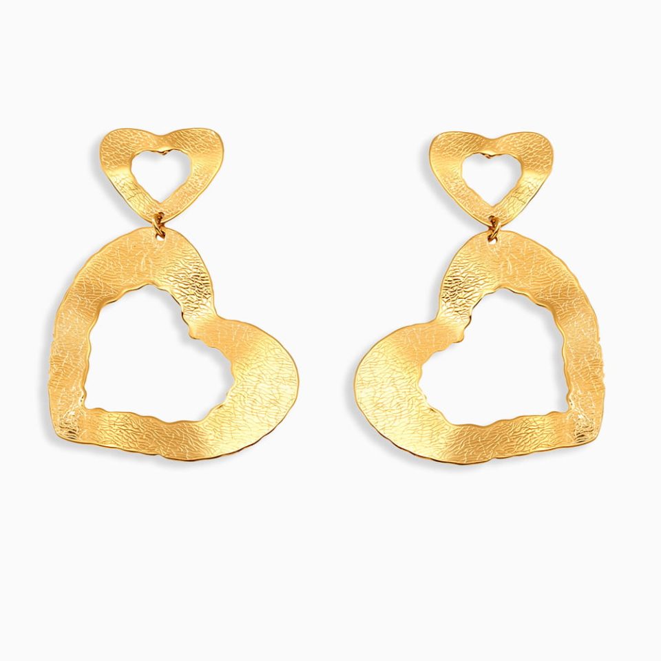 Textured gold stainless steel heart hoop earrings displayed on white background