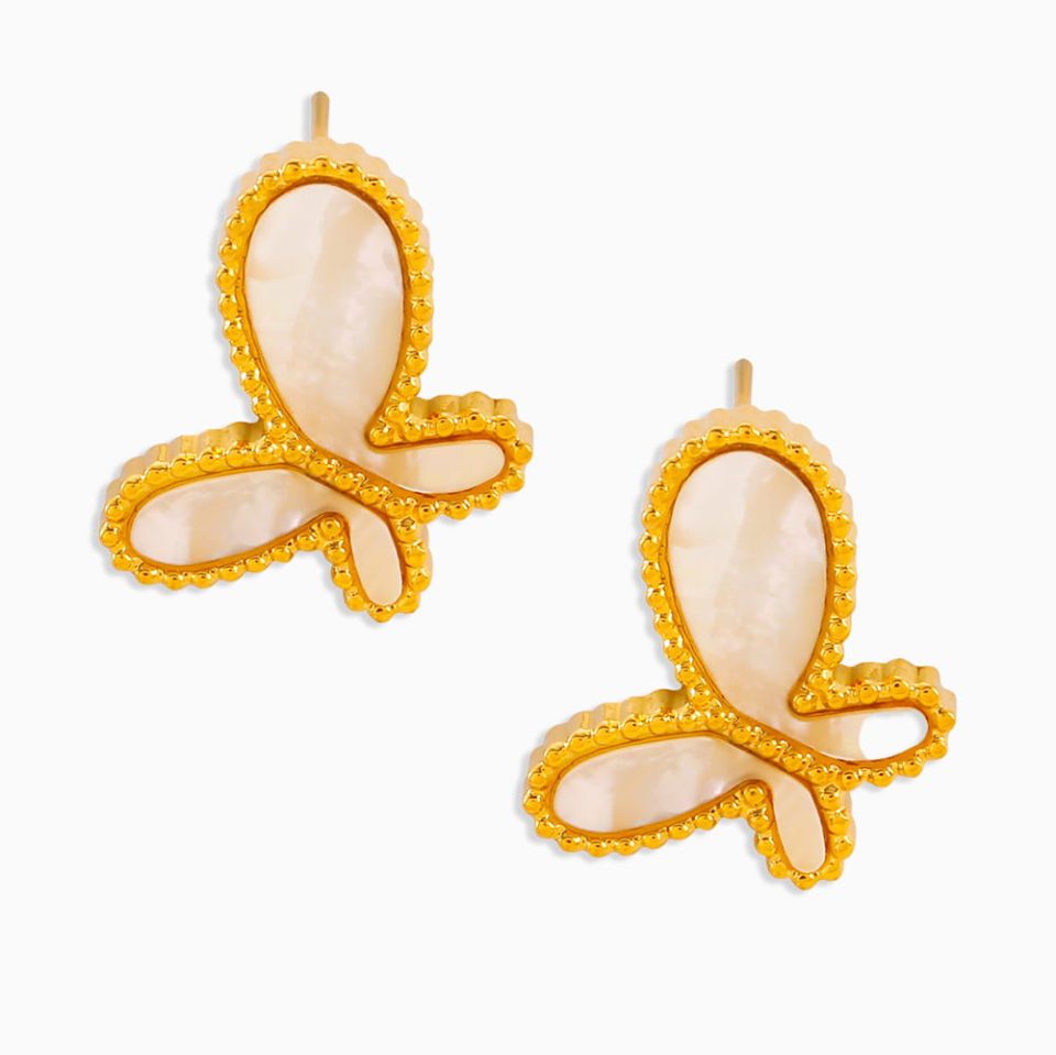 Elegant butterfly stud earrings with shell inlay – gold stainless steel on white background