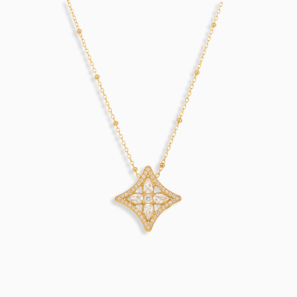 Gold Flower Cubic Zirconia Necklace on white background – Super Shiny Stainless Steel Jewelry