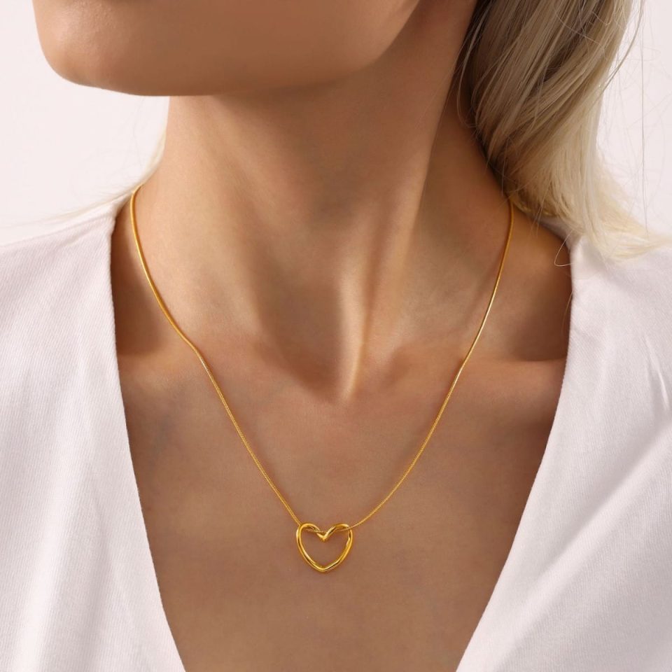 Model Wearing Gold Petite Heart Necklace | TXP220