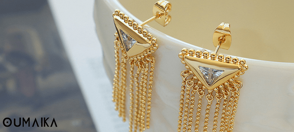 Gold-Plated Stainless Steel Tassel Earrings Close-Up Detailed view of gold-plated tassel earrings with anti-tarnish stainless steel finish.