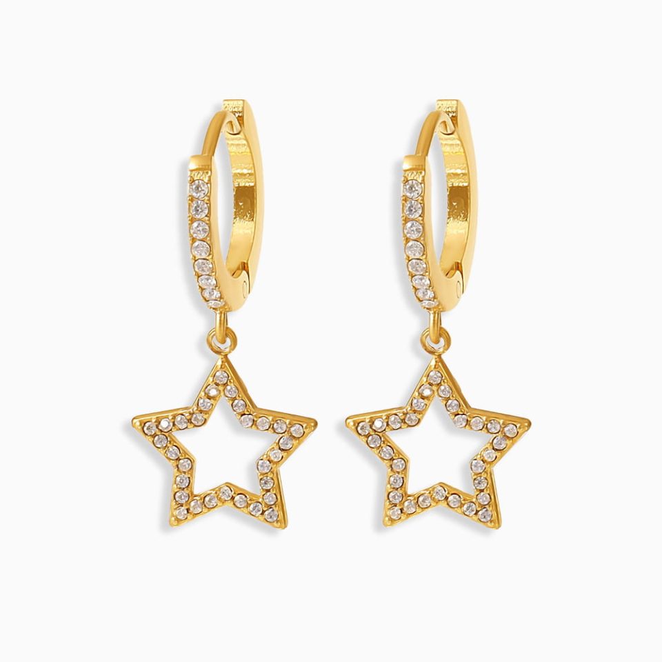 Pair of stainless steel gold drop earrings with five-pointed star and zircon stones