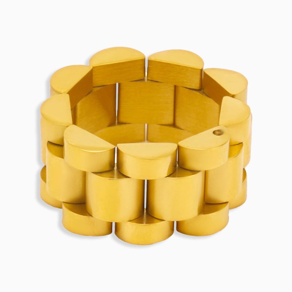 Bold stainless steel chunky ring with heart-shaped Gothic design on white background