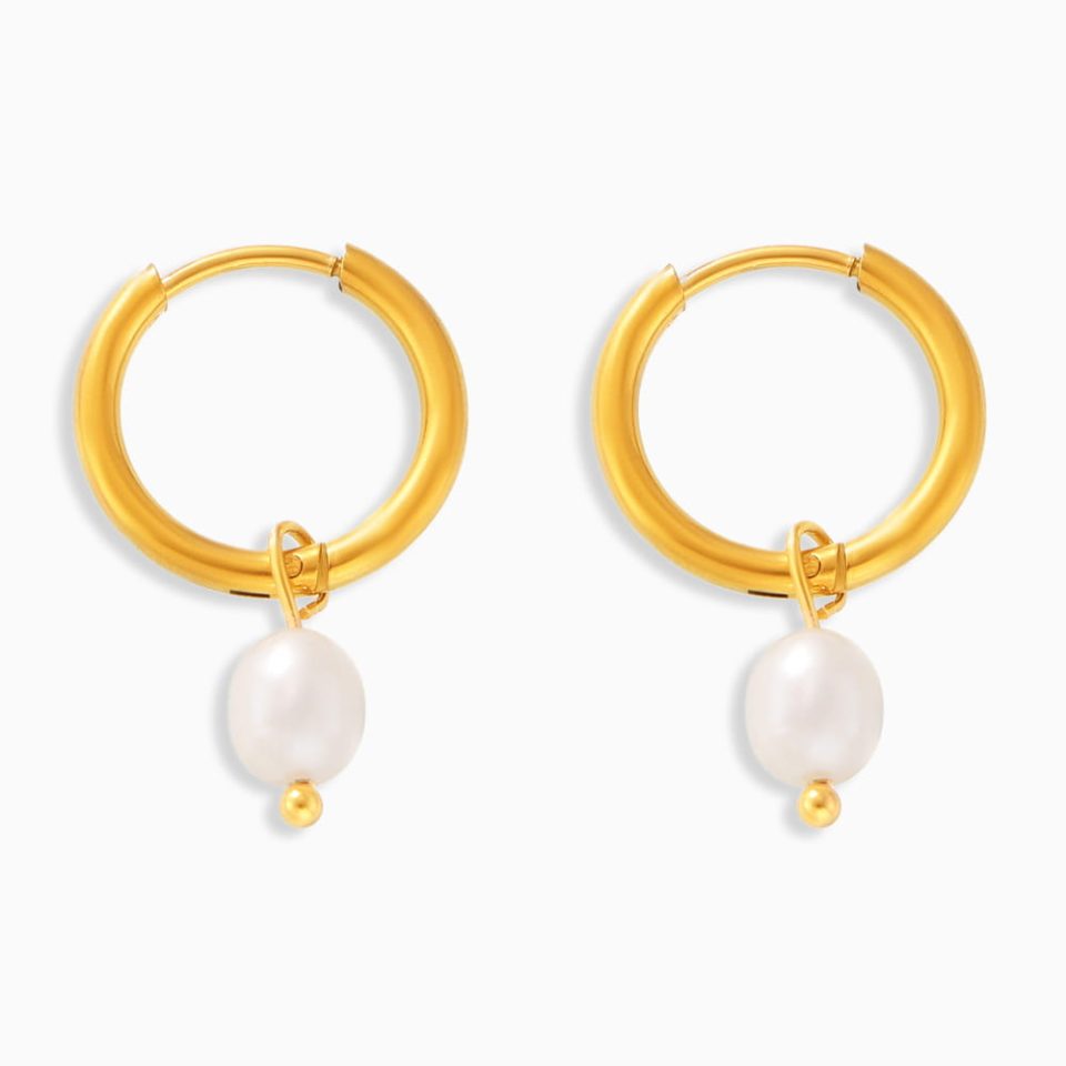 Close-up of Gold Shell Pearl Earrings | Geometric Freshwater Pearl Hoops with gold shell pearls