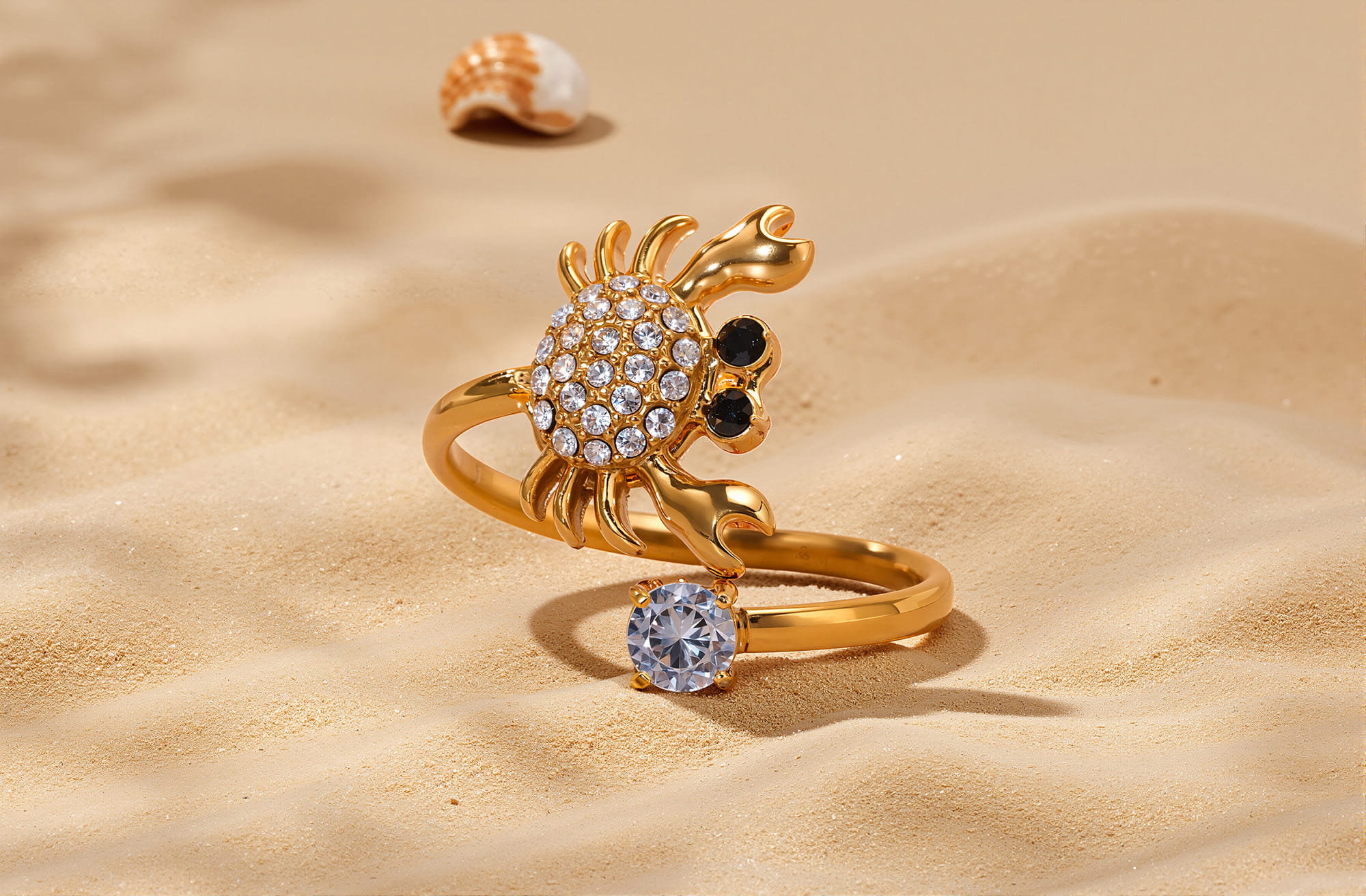 Gold adjustable ring with crab design and cubic zirconia