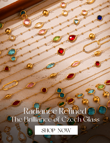 Assorted colorful Czech glass necklaces and bracelets with gold-plated stainless steel chains