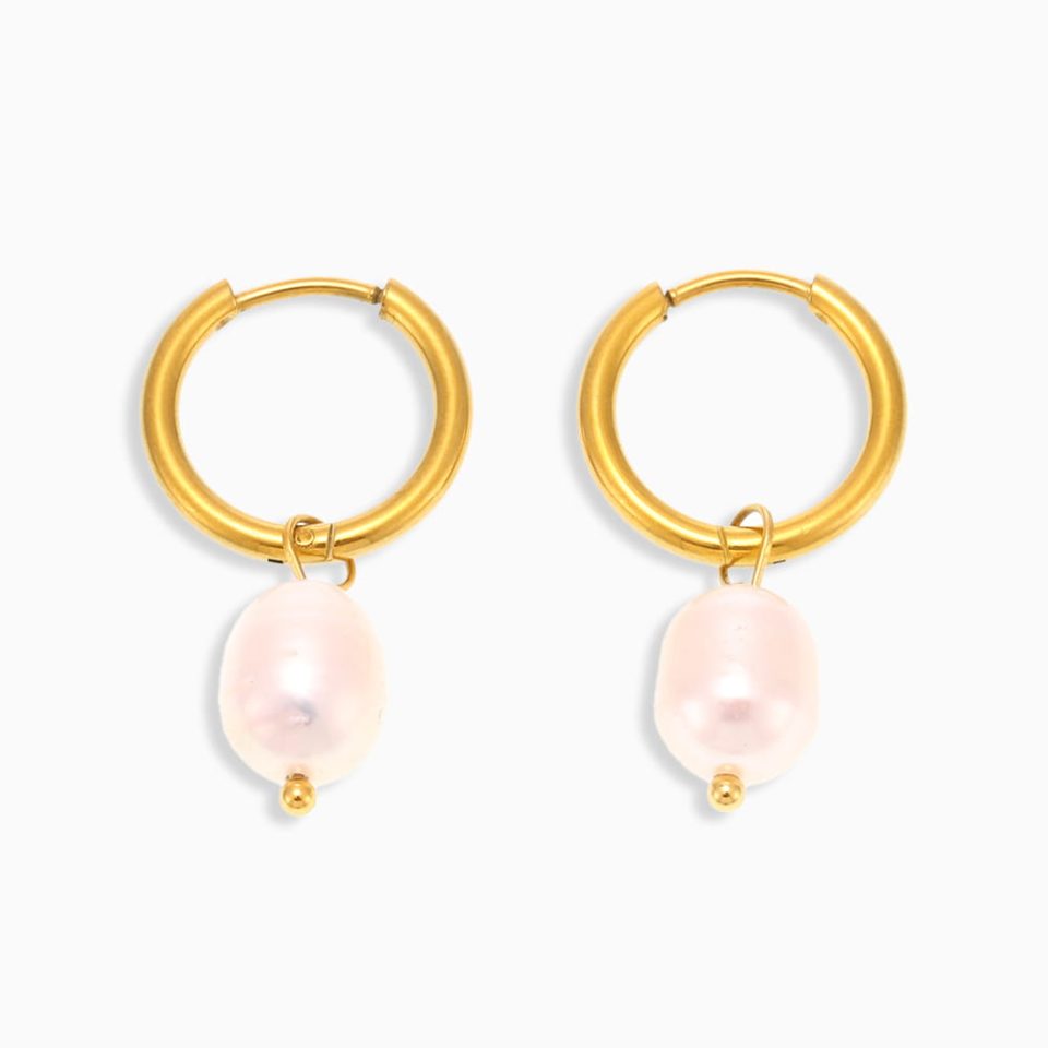 Fleur Circle Pearl Earrings – gold stainless steel hoops with freshwater pearls