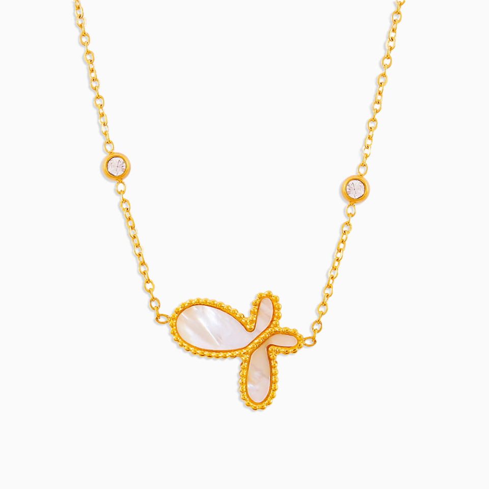 Gold Butterfly Shell Pendant Necklace on white background
