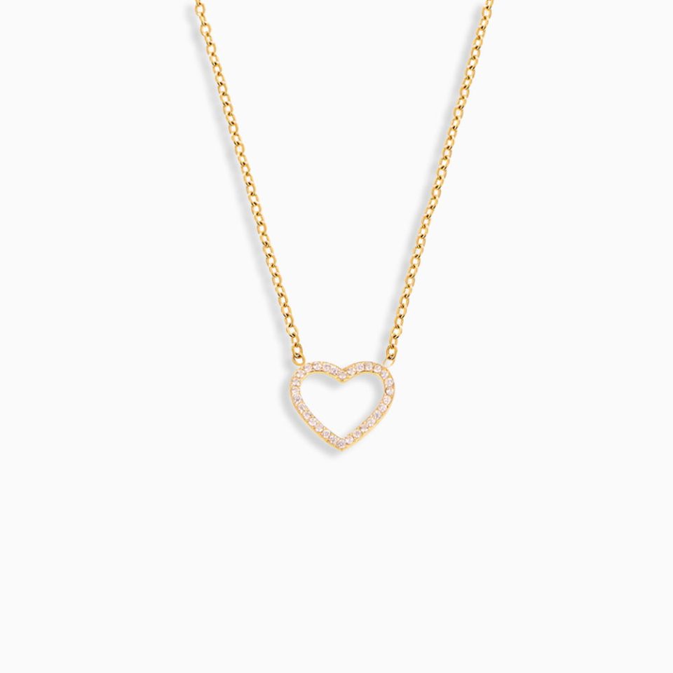 Gold Layered Pendant Heart Necklace with CZ Double Chain on white background.