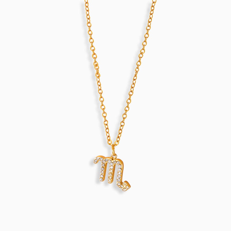 Gold Scorpio Zodiac Pendant Necklace with Cubic Zirconia on White Background