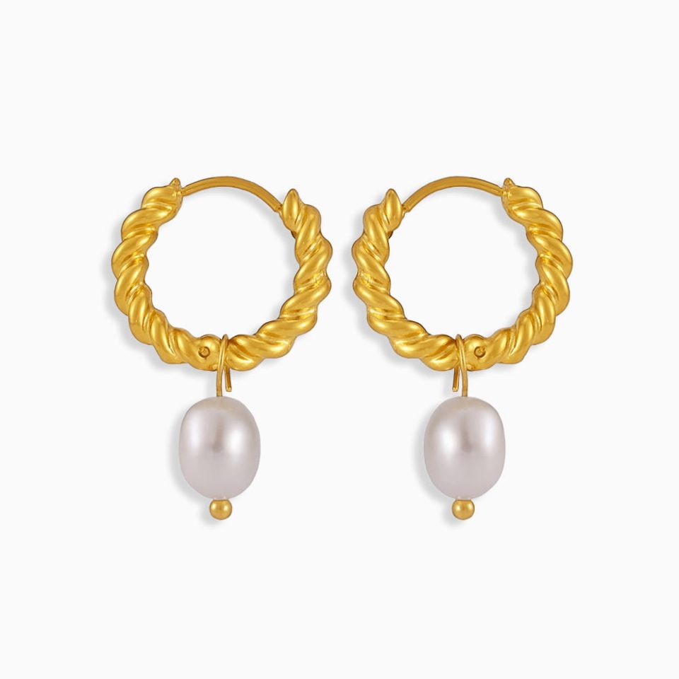 Gold shell pearl hoop earrings made from stainless steel, featuring a freshwater pearl drop on a textured gold hoop, shown on white background.