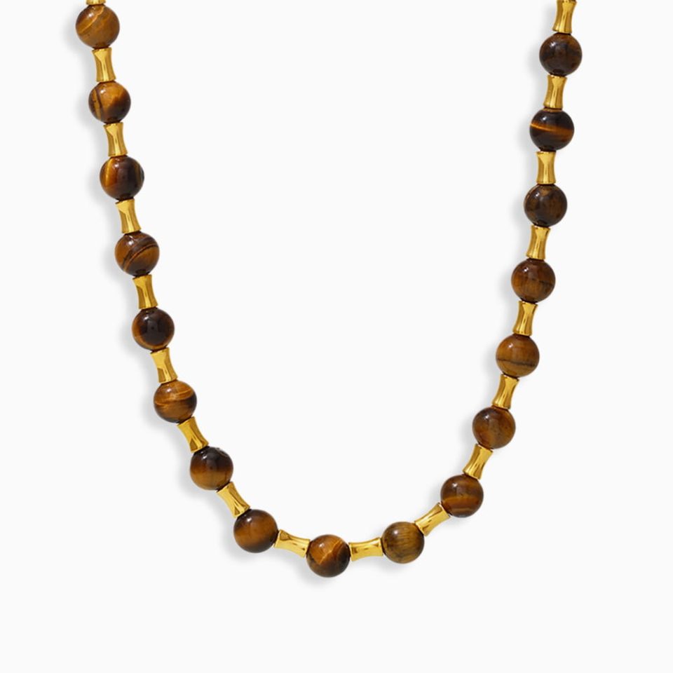 Tiger Eye Beaded Choker Necklace with Stainless Steel Bamboo Chain – Front View