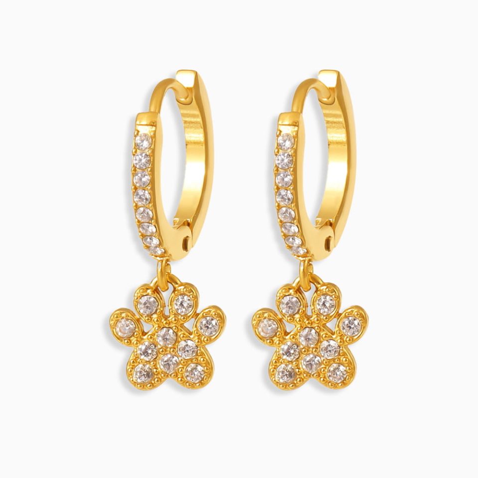 Golden paw drop earrings made of waterproof stainless steel with cubic zirconia stones, shown on white background