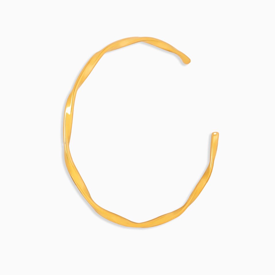 Minimalist gold Mobius cuff bangle made of 18K PVD gold plated stainless steel, displayed on a white background