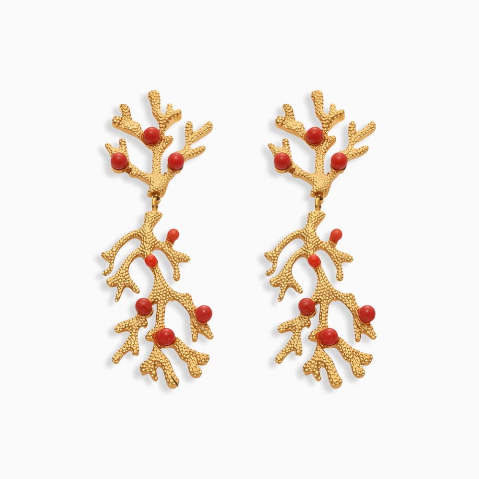 Gold irregular coral red shell pearl drop earrings with ocean-inspired design on white background