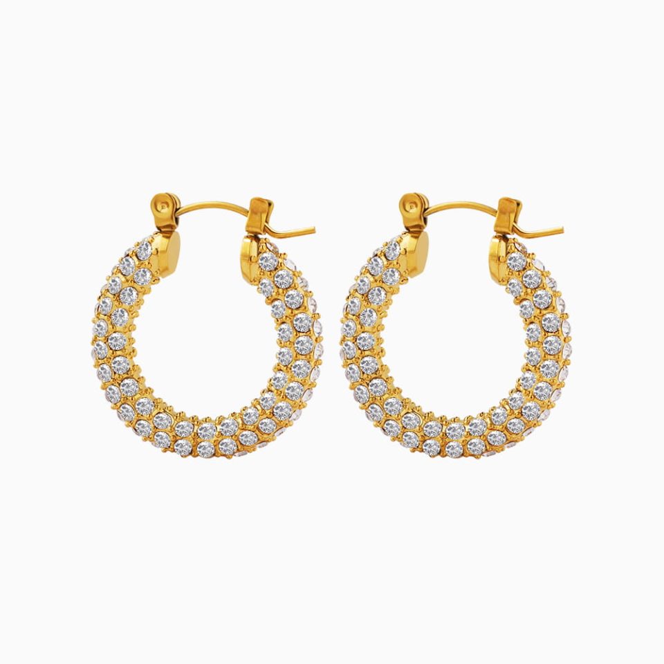 Close-up of Luxe U-Shaped Sparkle Hoops earrings made from stainless steel adorned with shimmering cubic zirconia, model F083