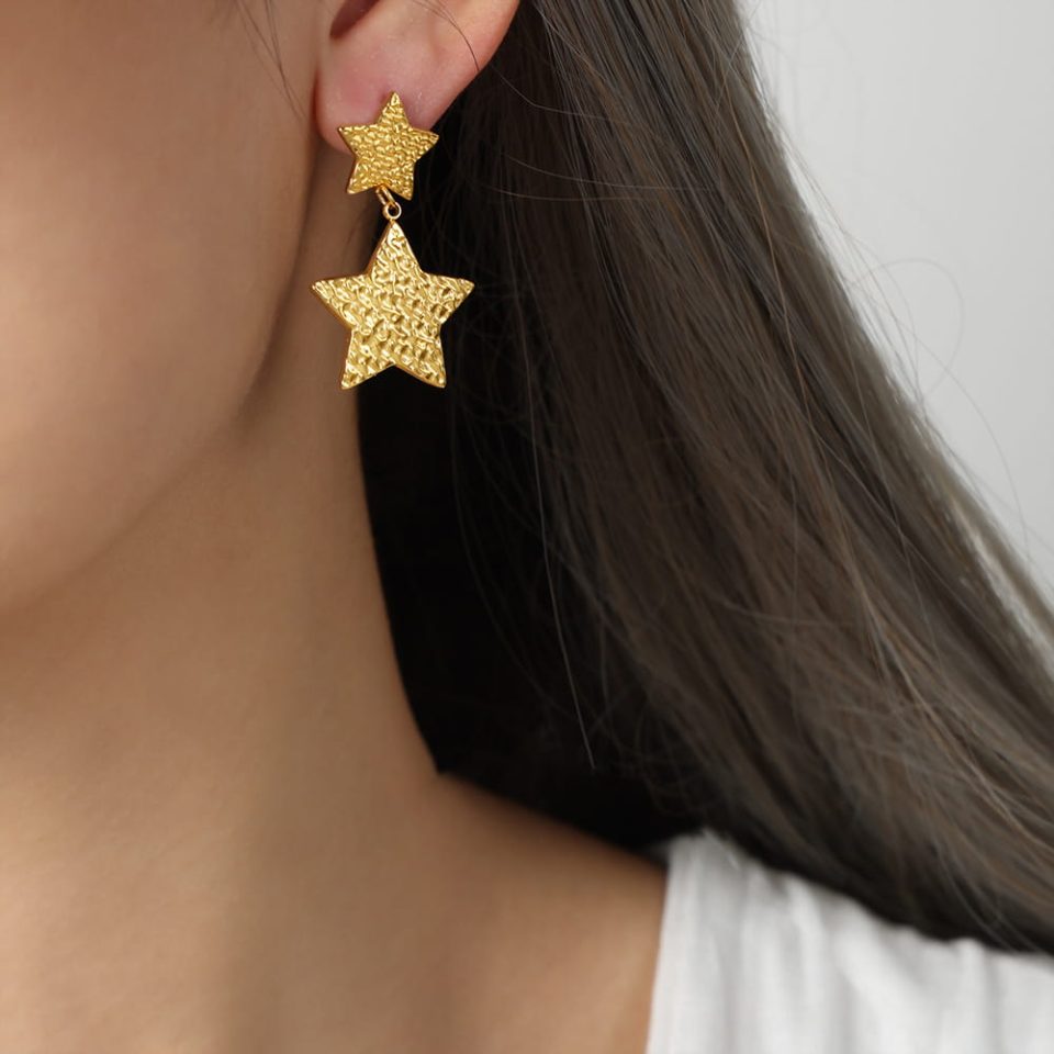 Model Wearing F1199 Gold Stainless Steel Star Dangle Earrings for Women