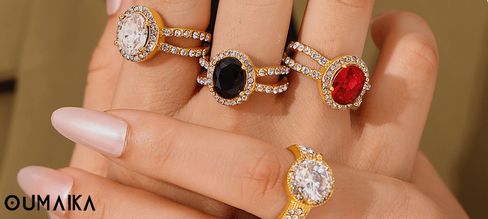 Model Wearing 5A CZ Rings on Three Fingers – Chic Layered Look Model wearing 5A CZ rings on three fingers – stacking and layering jewelry trend.