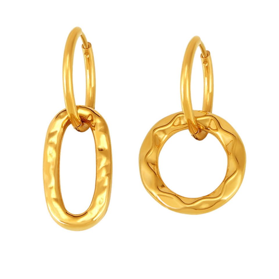 Stainless steel geometric dangler earrings for women in gold, shown on a white background