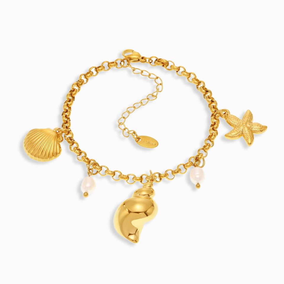Waterproof gold stainless steel anklet with pearl and shell charm, perfect for permanent wear and ocean-inspired style.