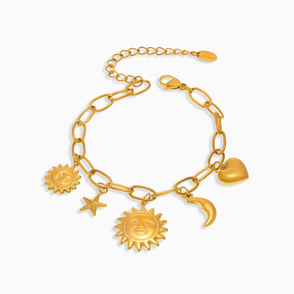 Gold stainless steel bracelet with moon, sun, and star charms – designer-inspired Rebel Heart Moon Bracelet
