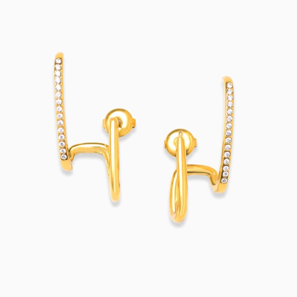 Gold stainless steel stud earrings with cubic zirconia on white background